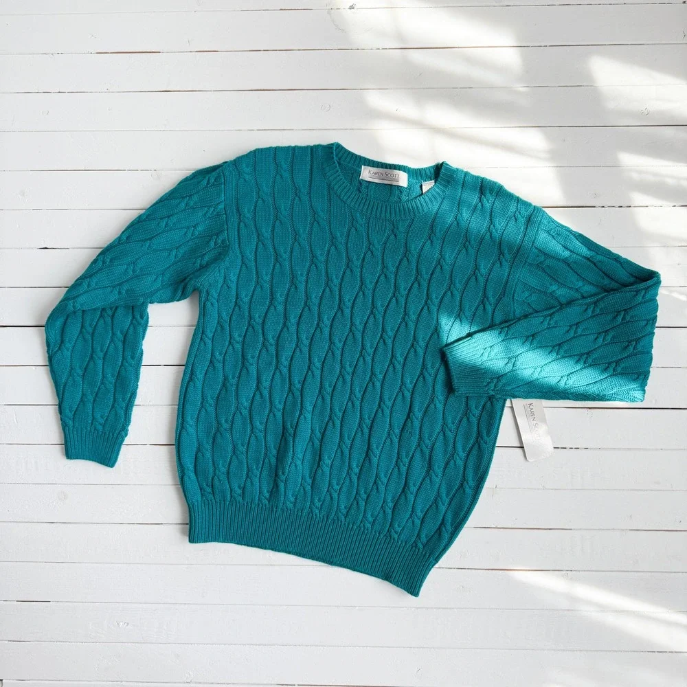 Karen Scott 80s vtg teal cable knit sweater size M
